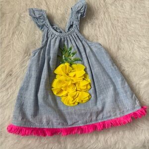 Mudpie Chambray Pineapple Applique Baby Dress with Pink Fringe